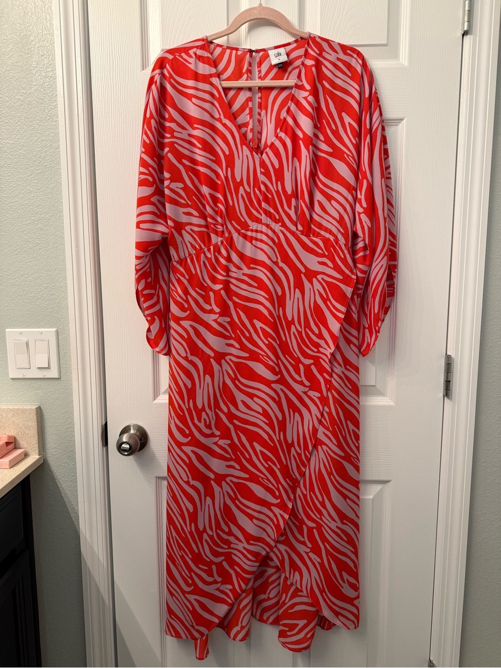 CAbi Saunter Red & Lavendar Zebra -Print Maxi Dress w/ Kimono Sleeves